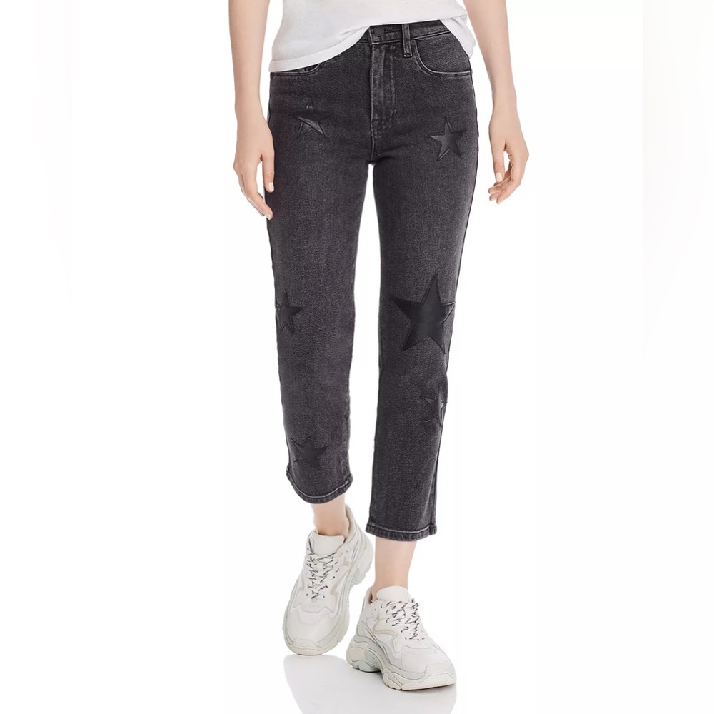 Light black/ dark grey pair of jeans w/ leather stars. Super flattering and fun!